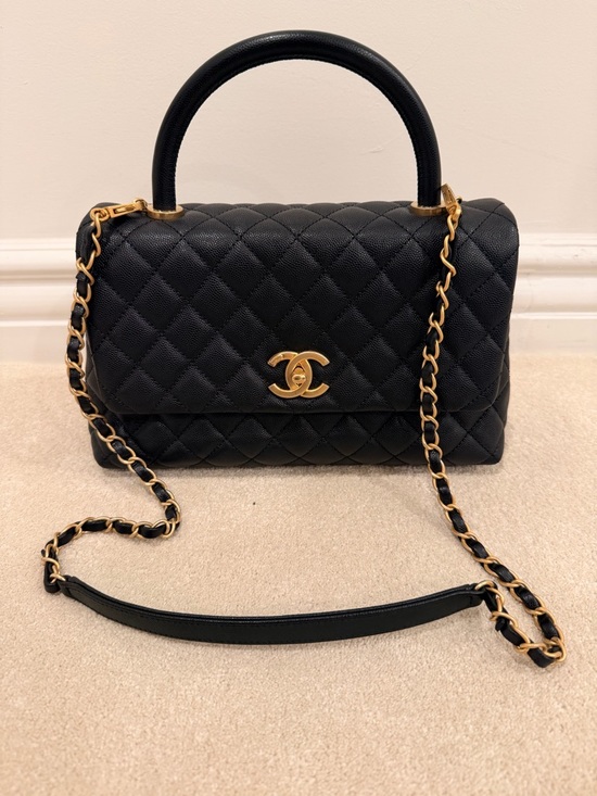 CHANEL Handbags - CHANEL Black Quilted Caviar Top-Handle Shoulder Bag with Gold Hardware